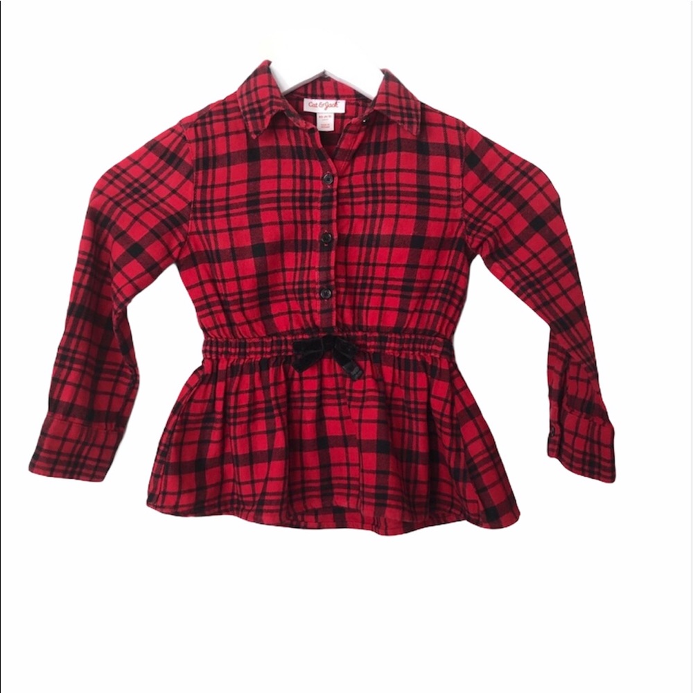 CAT & JACK Toddler Red Black Flannel Plaid Long Sleeve Shirt Sz XS Peplum Cotton - Picture 1 of 6